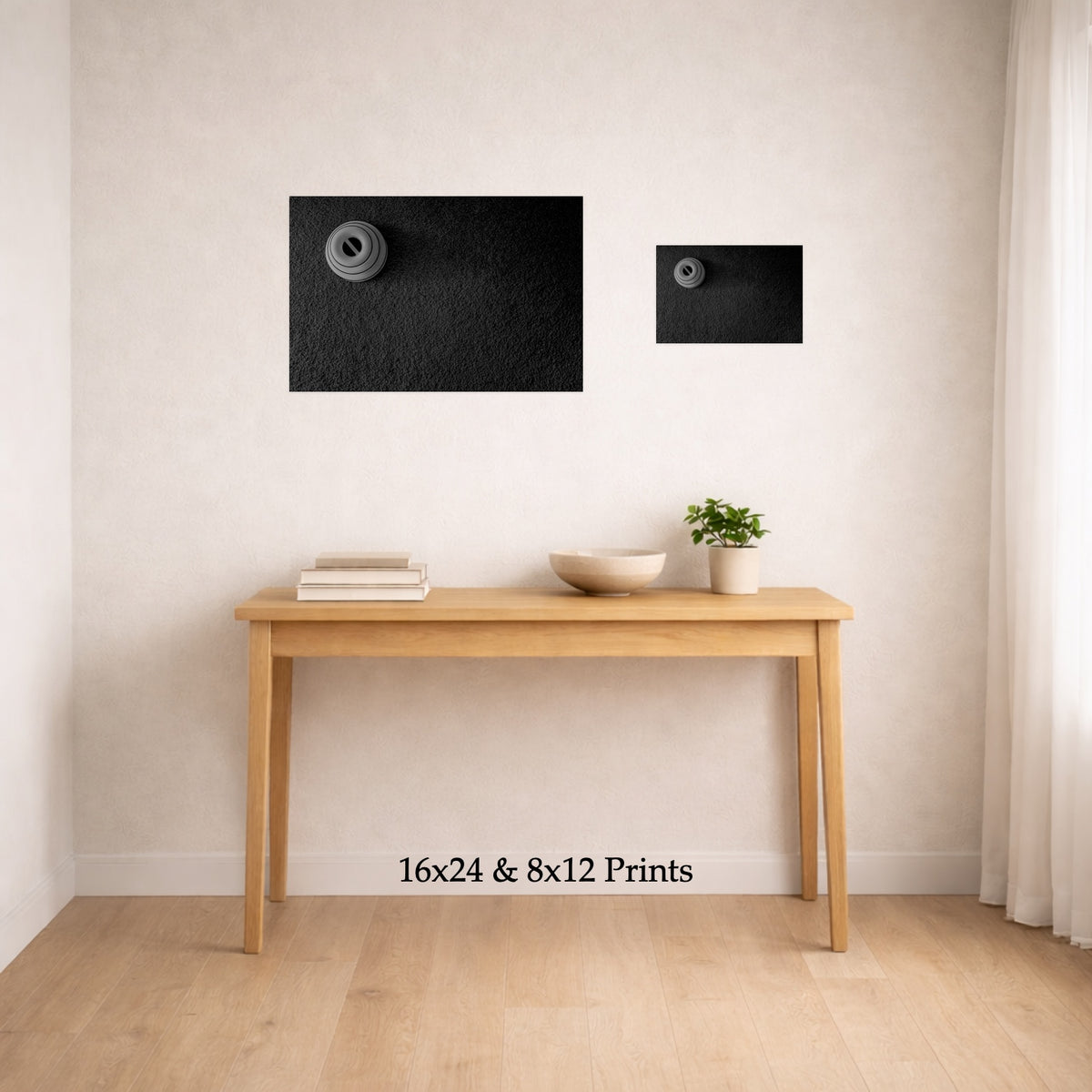 Cat Spinner Serenity at 16x24 and 8x12 on a wall above a console table, shown to scale