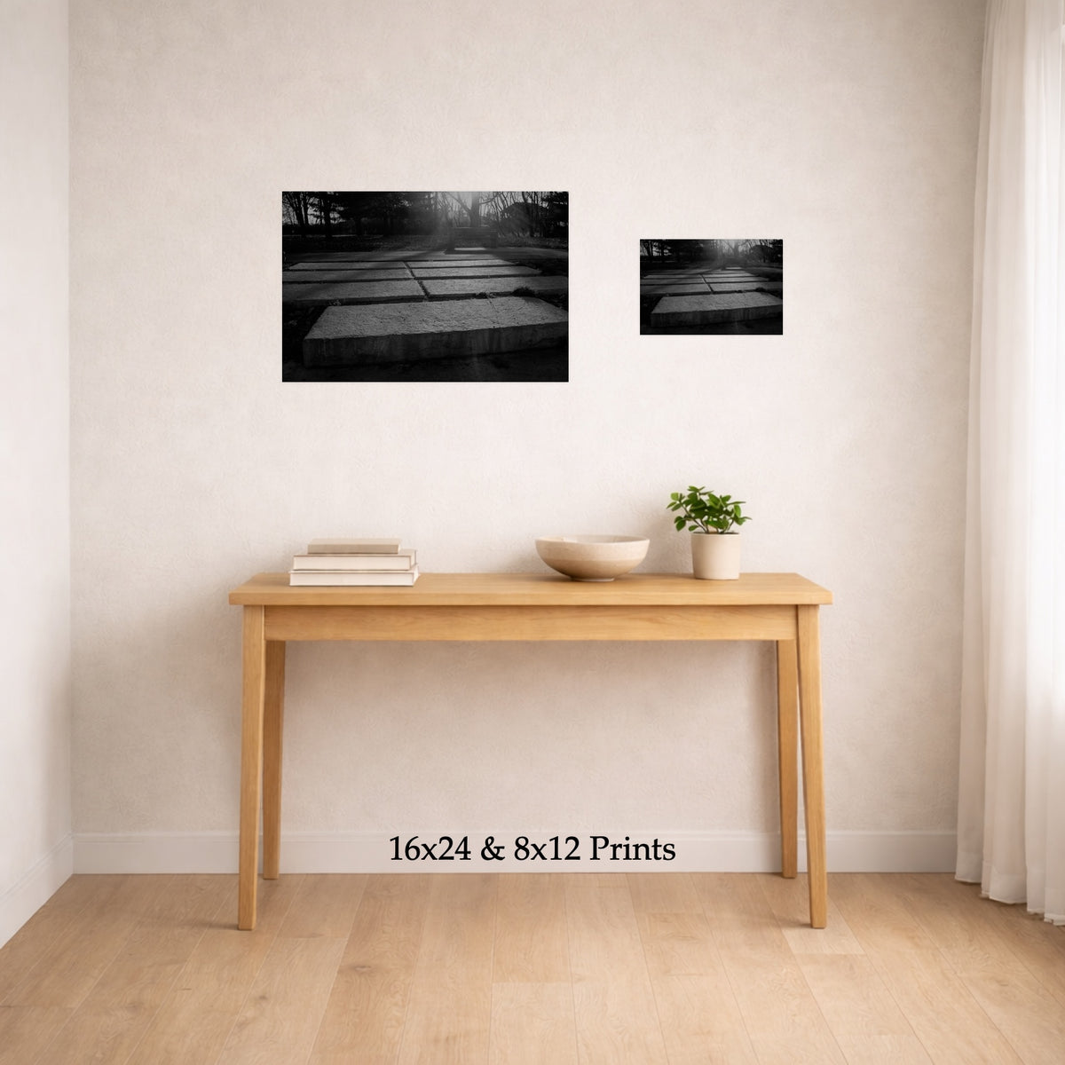 Groundwork at 16x24 and 8x12 on a wall above a console table, shown to scale