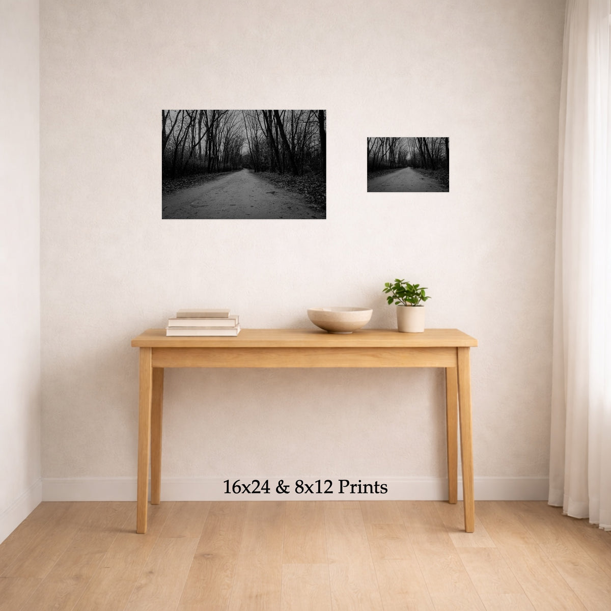 Passing Through at 16x24 and 8x12 on a wall above a console table, shown to scale