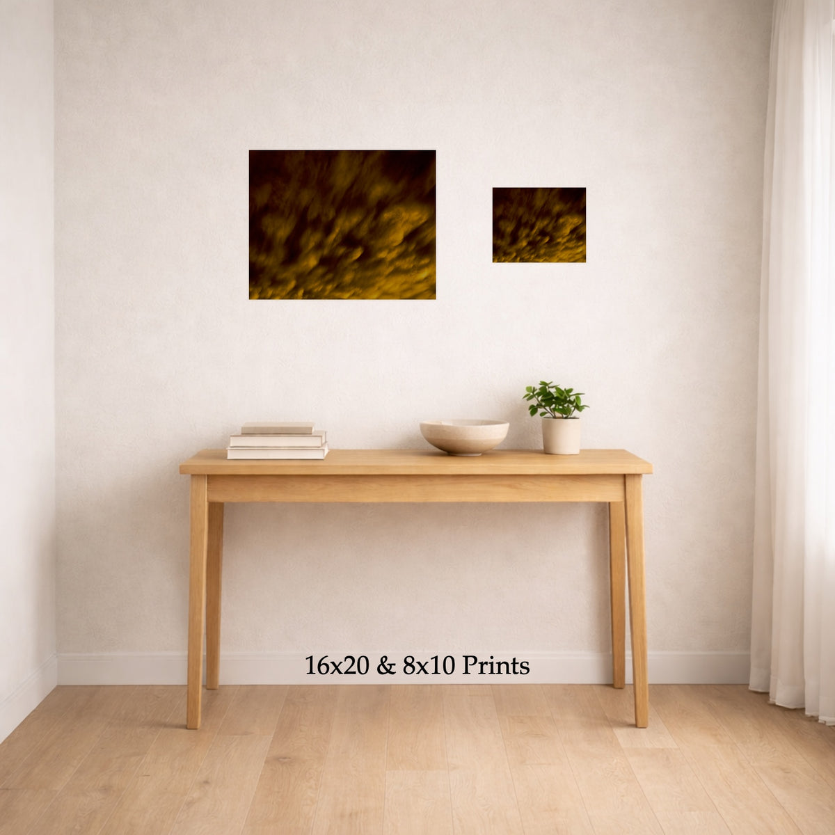 Gold Rush at 16x20 and 8x10 on a wall above a console table, shown to scale
