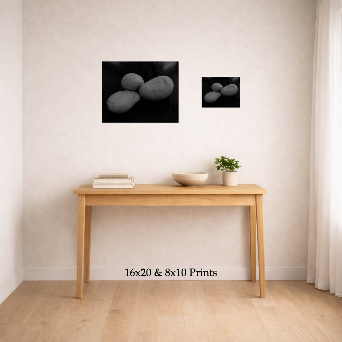 Starch Contrast at 16x20 and 8x10 on a wall above a console table, shown to scale