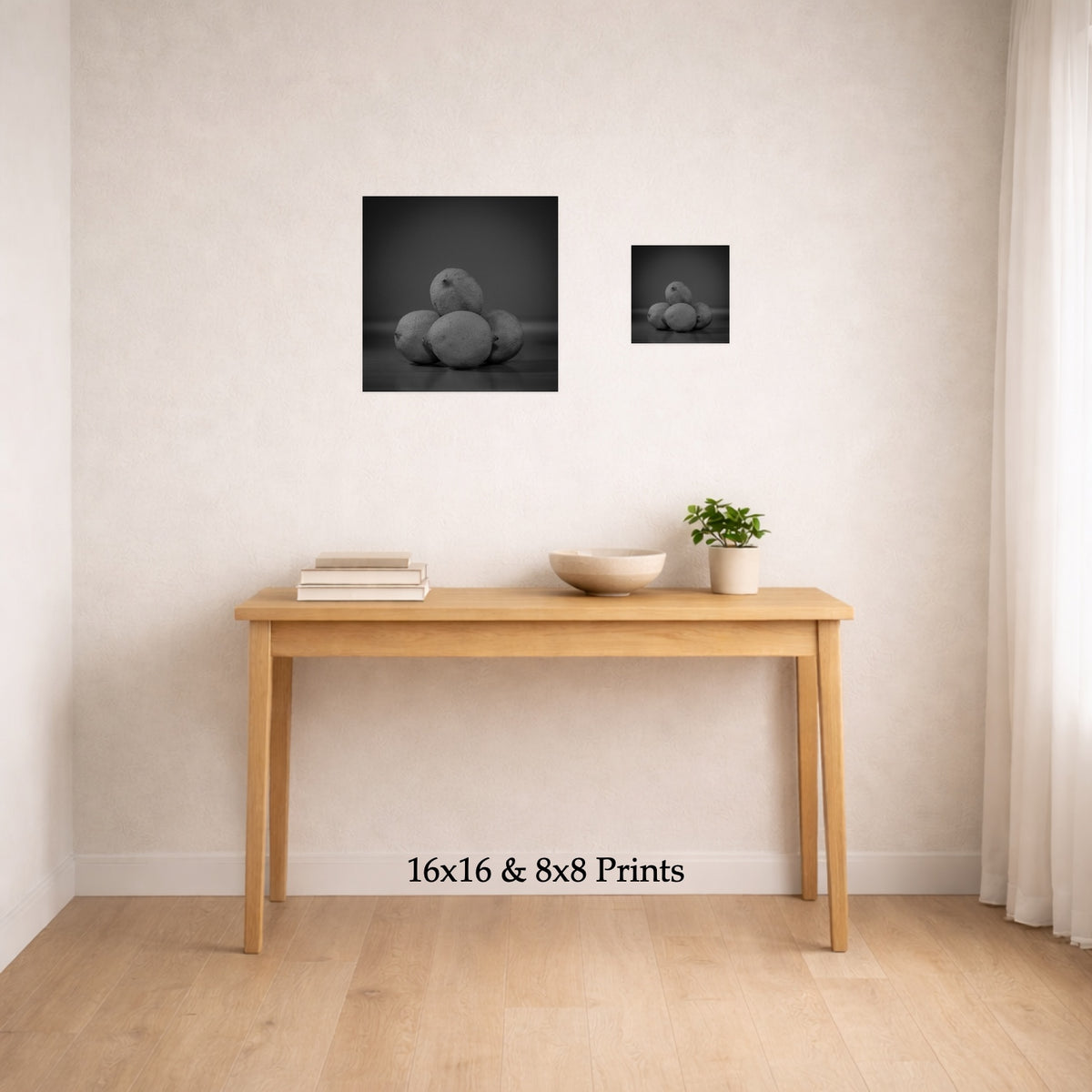 Back In Five Minutes at 16x16 and 8x8 on a wall above a console table, shown to scale