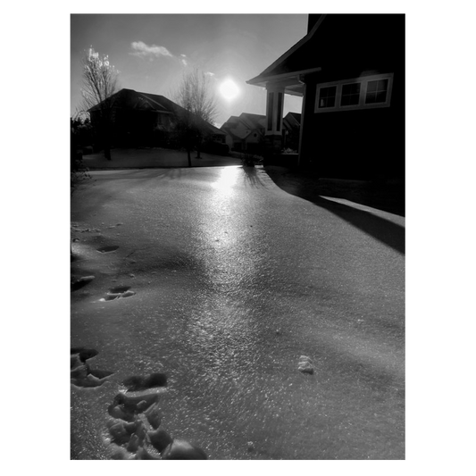 Afternoon sun shining on winter ice black & white Photo Print