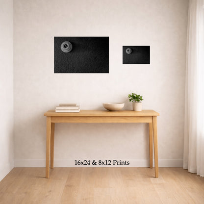 Cat Spinner Serenity at 16x24 and 8x12 on a wall above a console table, shown to scale
