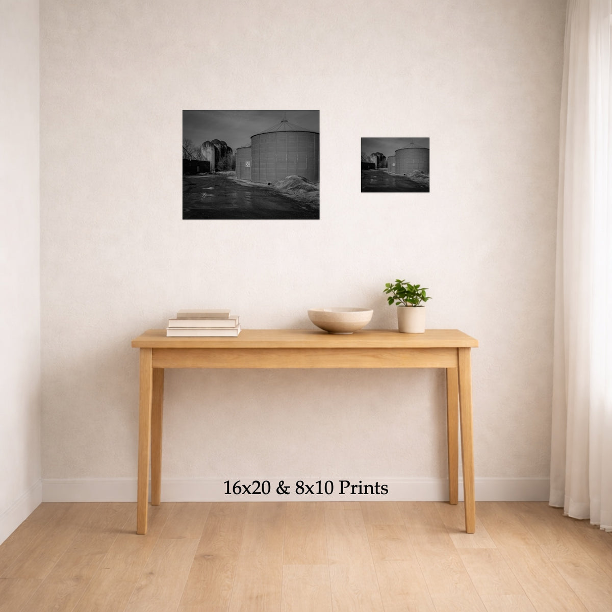 Distant Silos at 16x20 and 8x10 on a wall above a console table, shown to scale