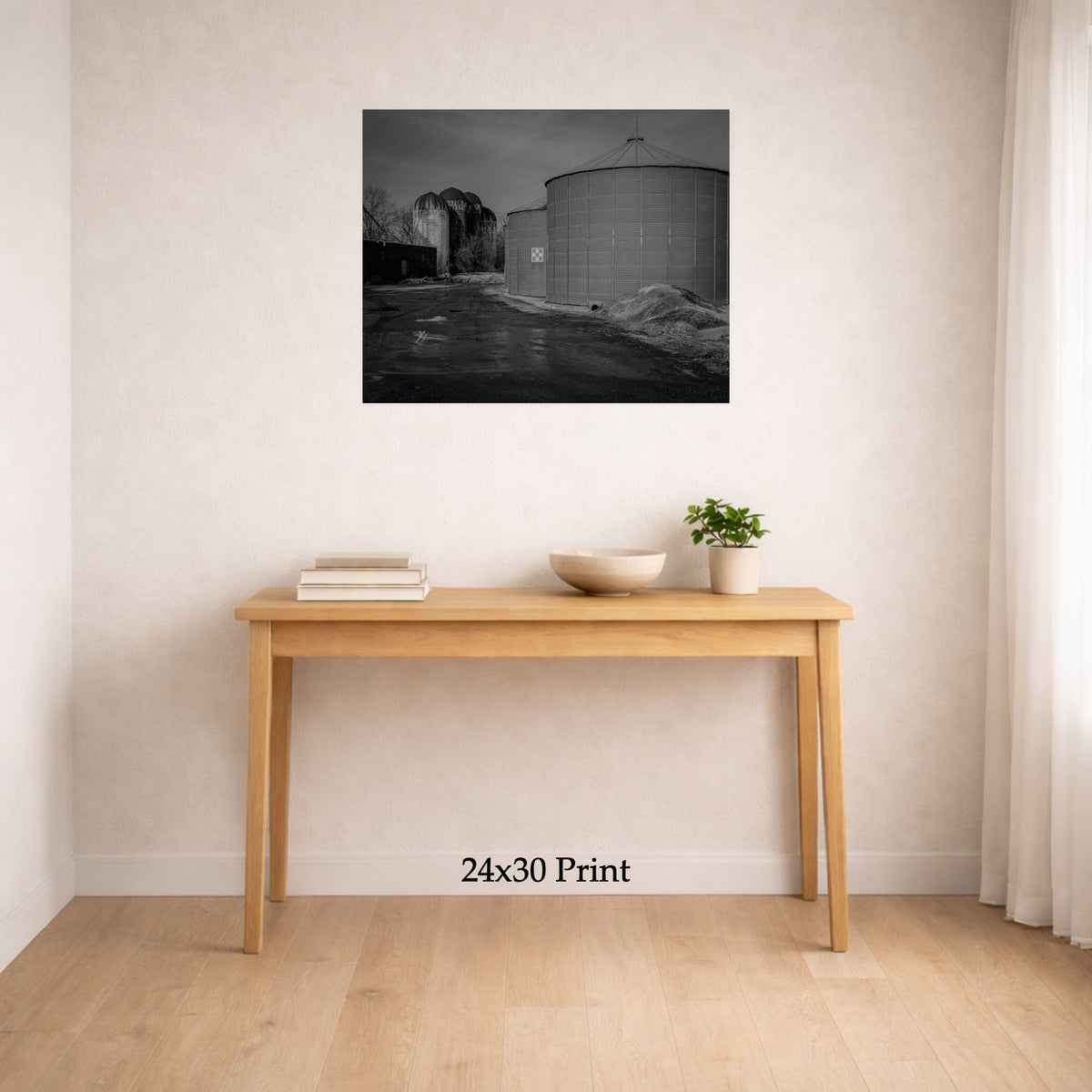 Distant Silos as a 24x30 print on a wall above a console table, shown to scale