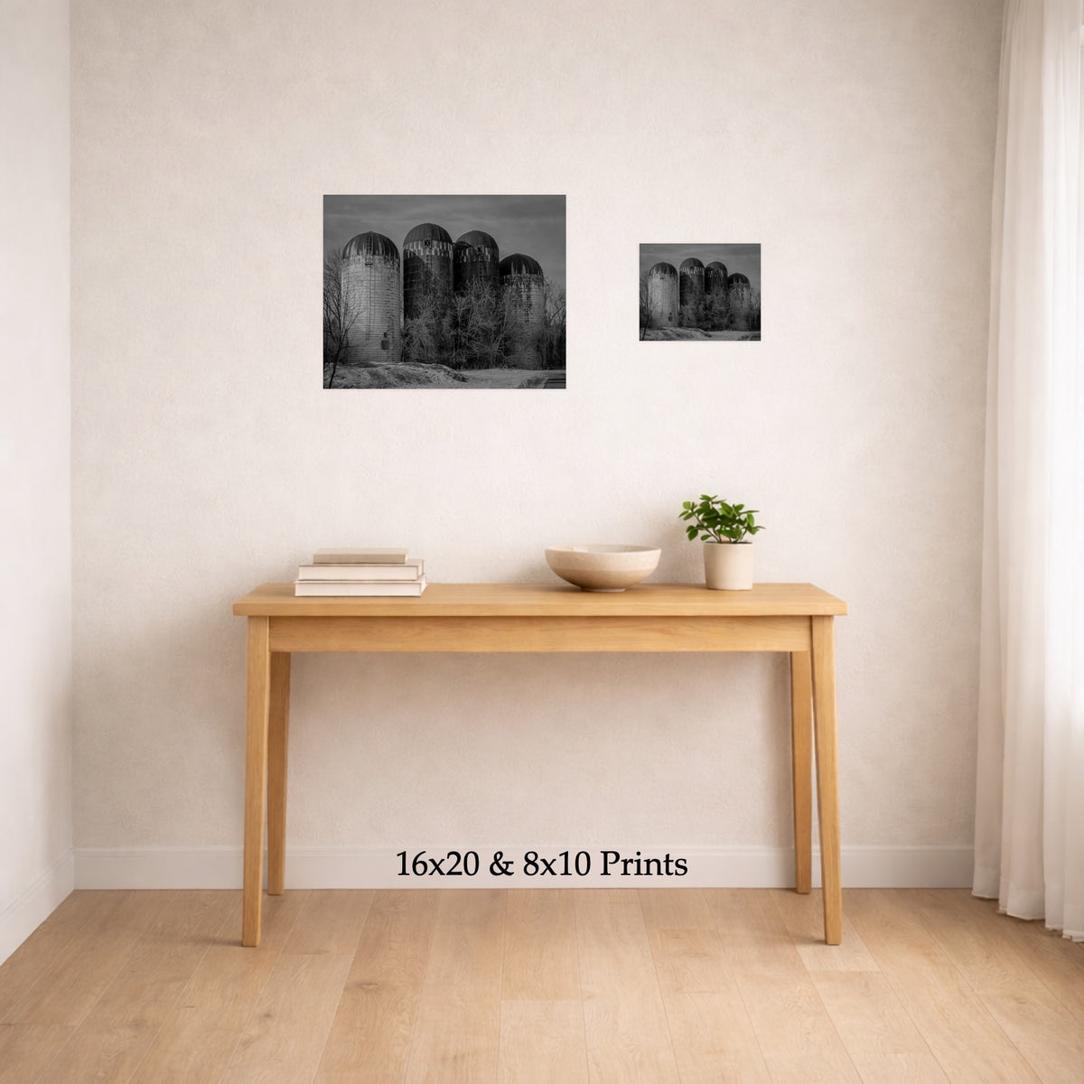 The Four Silos at 16x20 and 8x10 on a wall above a console table, shown to scale