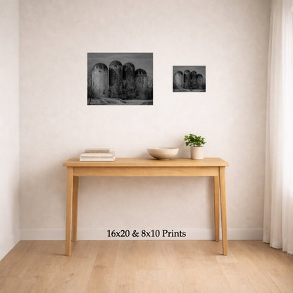 The Four Silos at 16x20 and 8x10 on a wall above a console table, shown to scale