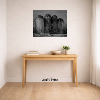 The Four Silos as a 24x30 print on a wall above a console table, shown to scale