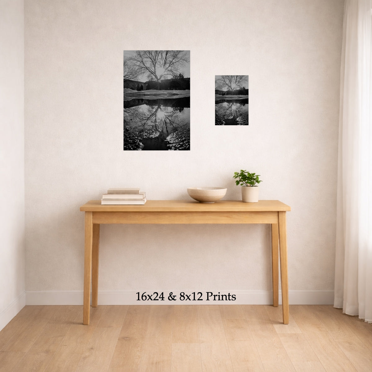 Reflected Trees No. 2 at 16x24 and 8x12 on a wall above a console table, shown to scale