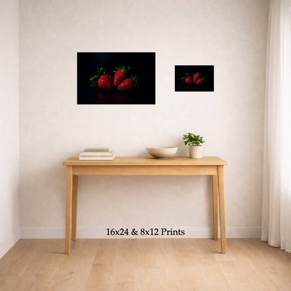 Shining Strawberries at 16x24 and 8x12 on a wall above a console table, shown to scale