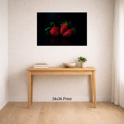 Shining Strawberries as a 24x36 print on a wall above a console table, shown to scale