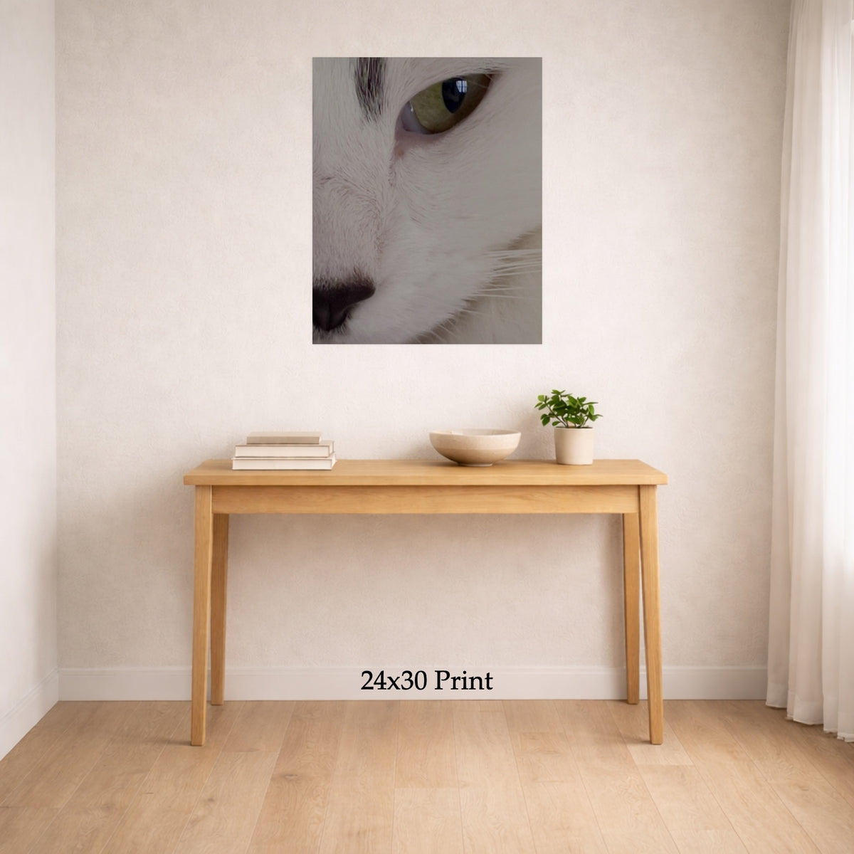 Cat’s Eye as a 24x30 print on a wall above a console table, shown to scale