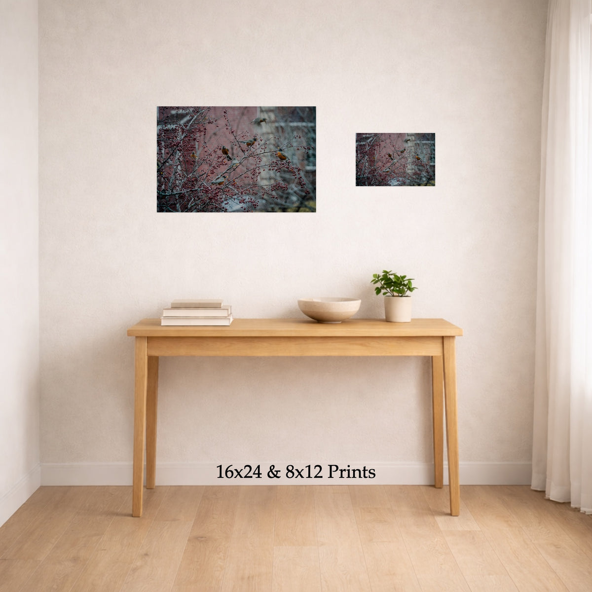 Flock of Robins at 16x24 and 8x12 on a wall above a console table, shown to scale