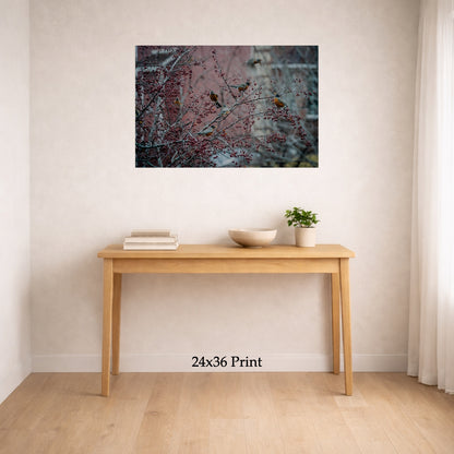 Flock of Robins as a 24x36 print on a wall above a console table, shown to scale