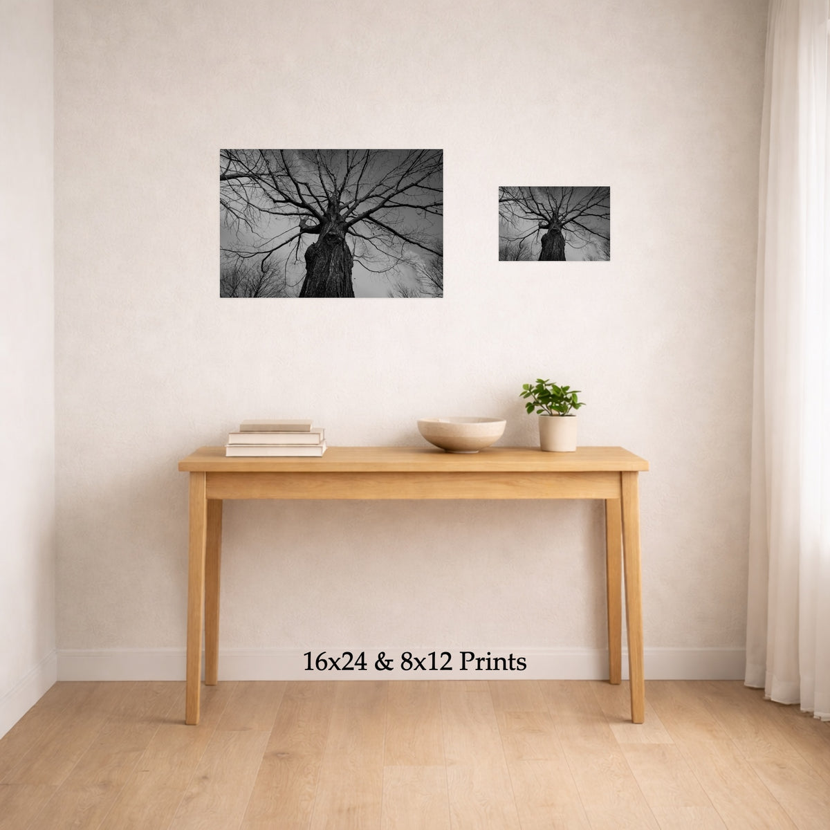 Towering Tree No. 1 at 16x24 and 8x12 on a wall above a console table, shown to scale