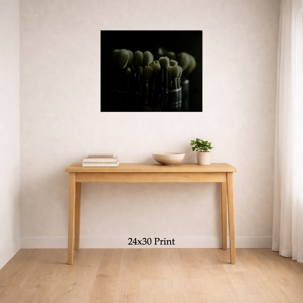 Brushes In Shadow as a 24x30 print on a wall above a console table, shown to scale
