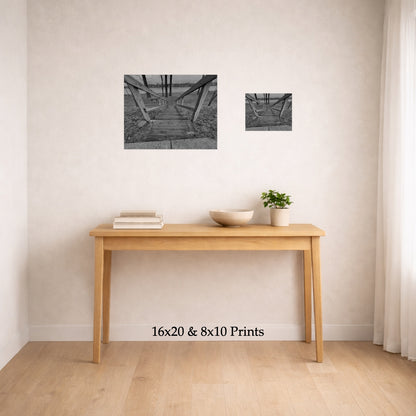 Stairs To Down There at 16x20 and 8x10 on a wall above a console table, shown to scale