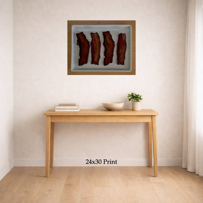 Plated Bacon as a 24x30 print on a wall above a console table, shown to scale