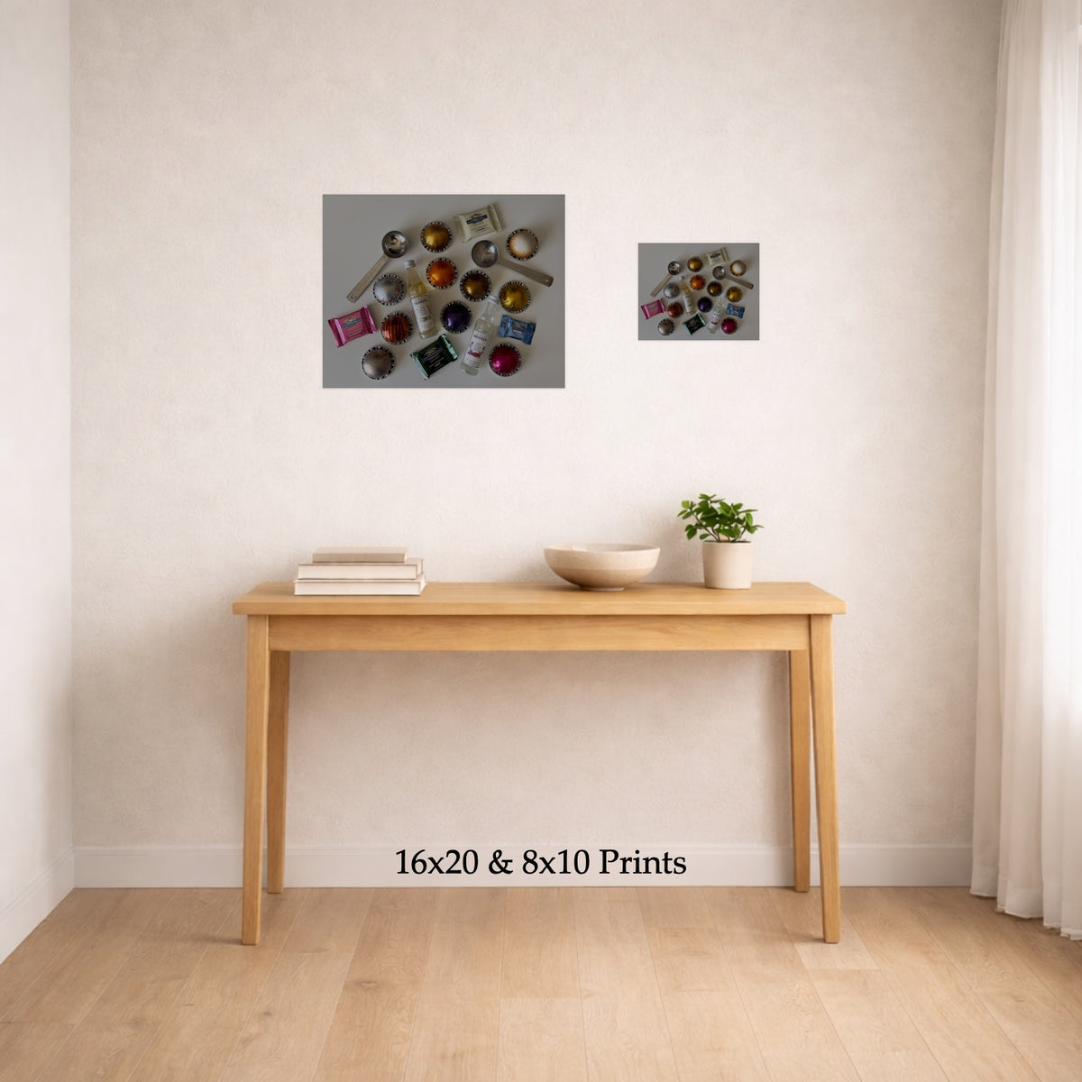 Morning Coffee Prep No. 1 at 16x20 and 8x10 on a wall above a console table, shown to scale