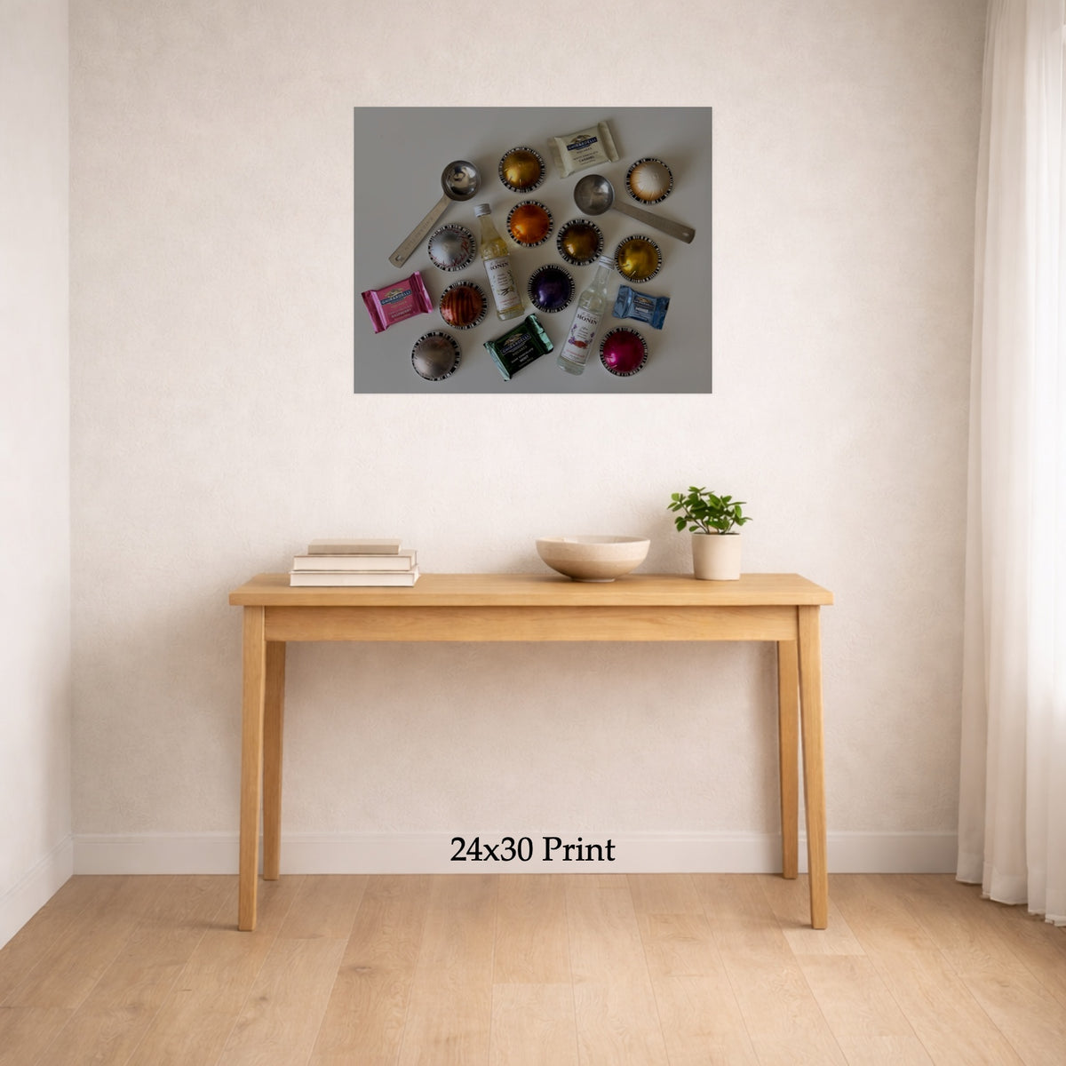 Morning Coffee Prep No. 1 as a 24x30 print on a wall above a console table, shown to scale