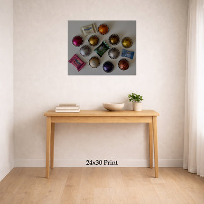 Morning Coffee Prep No. 2 as a 24x30 print on a wall above a console table, shown to scale