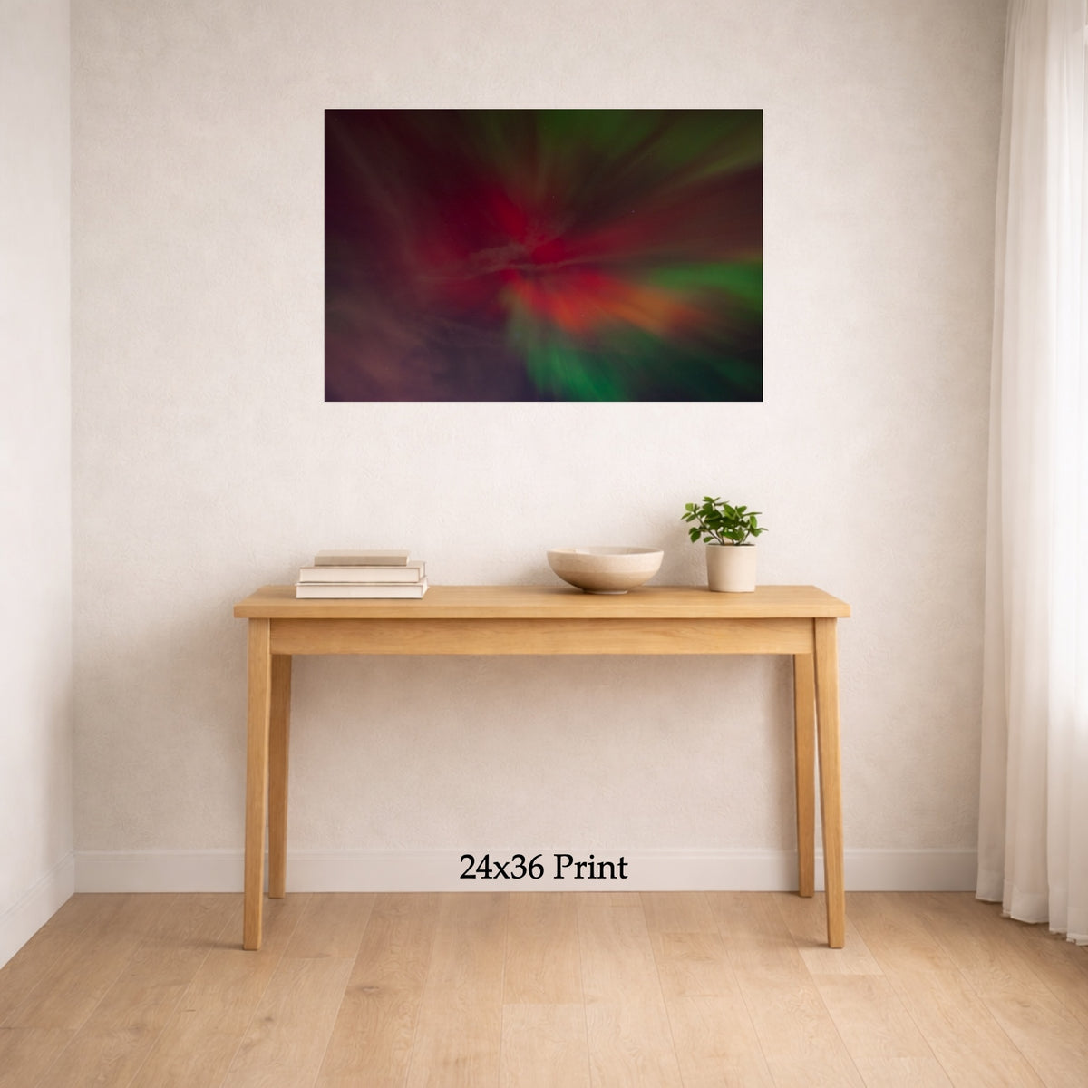 Aurora - The Gannon Storm, No. 1 as a 24x36 print on a wall above a console table, shown to scale
