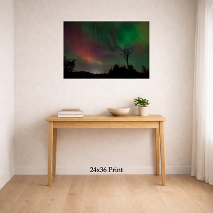 Aurora - The Gannon Storm, No. 3 as a 24x36 print on a wall above a console table, shown to scale