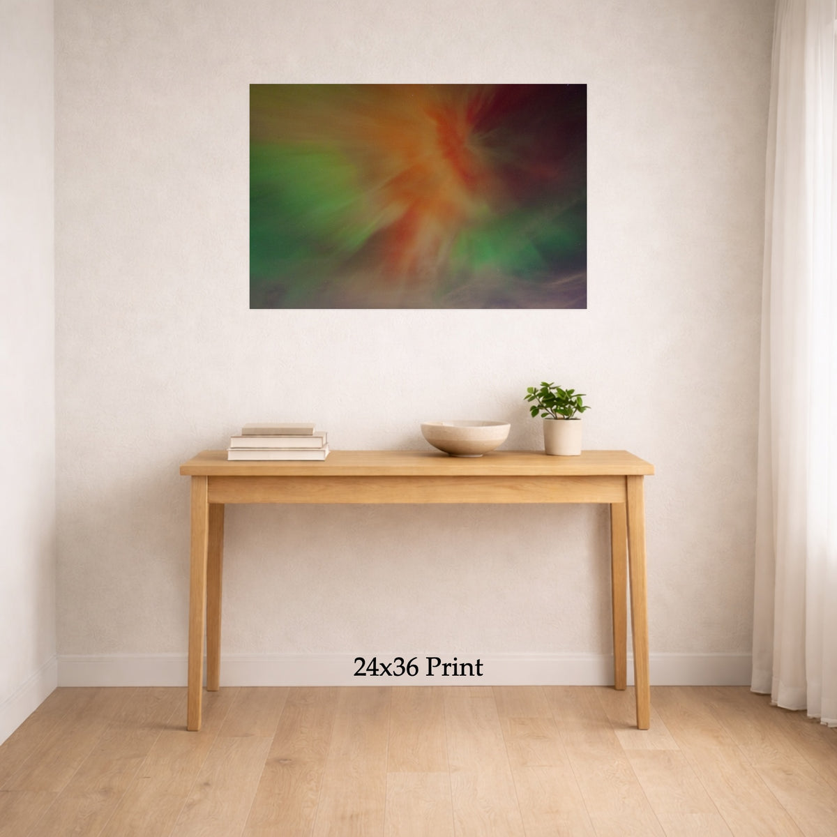 Aurora - The Gannon Storm, No. 4 as a 24x36 print on a wall above a console table, shown to scale