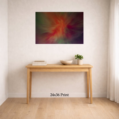 Aurora - The Gannon Storm, No. 5 as a 24x36 print on a wall above a console table, shown to scale