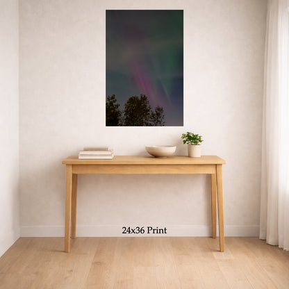 Aurora - The Gannon Storm, No. 7 as a 24x36 print on a wall above a console table, shown to scale