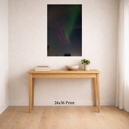 Aurora - The Gannon Storm, No. 8 as a 24x36 print on a wall above a console table, shown to scale
