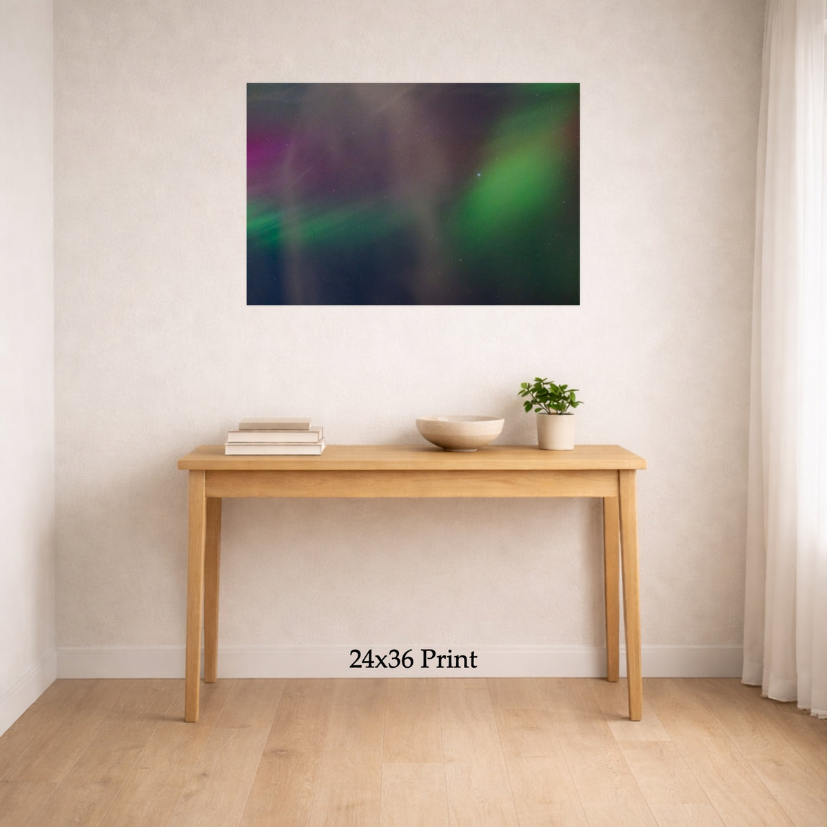 Aurora - The Gannon Storm, No. 9 as a 24x36 print on a wall above a console table, shown to scale