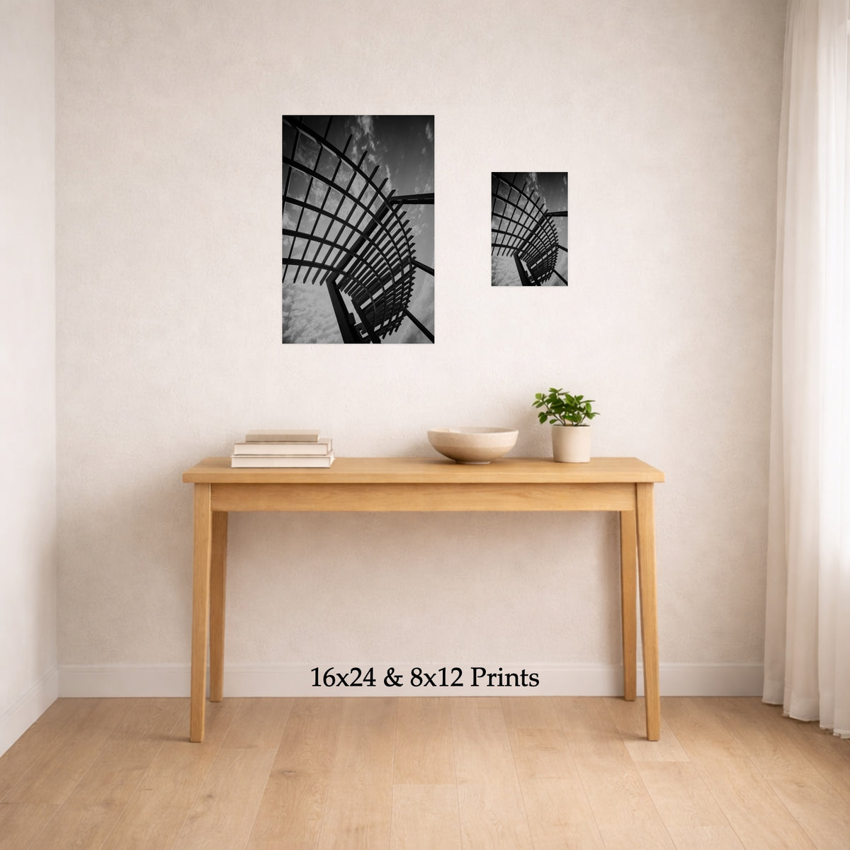 Lines Overhead at 16x24 and 8x12 on a wall above a console table, shown to scale