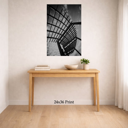 Lines Overhead as a 24x36 print on a wall above a console table, shown to scale