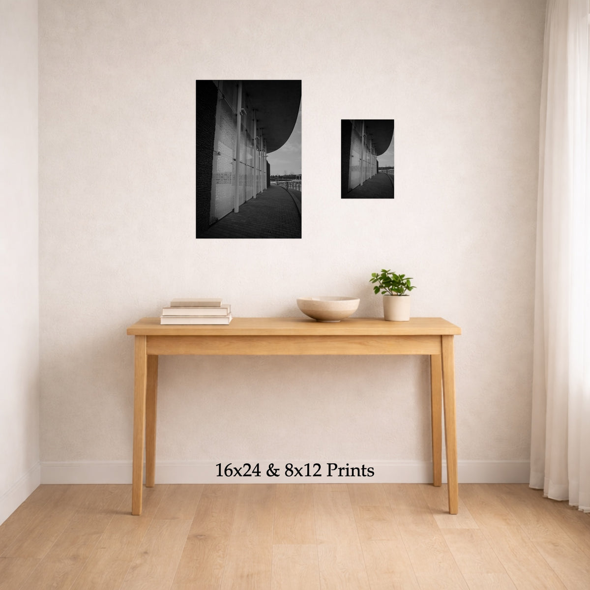 Arts, Stage Left at 16x24 and 8x12 on a wall above a console table, shown to scale