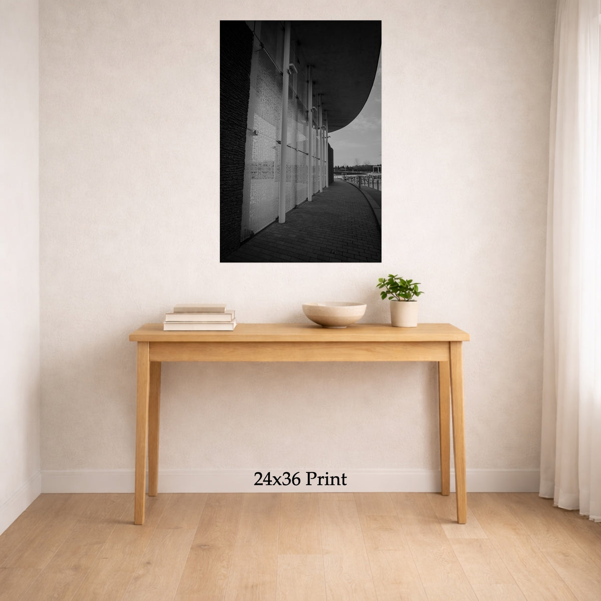 Arts, Stage Left as a 24x36 print on a wall above a console table, shown to scale