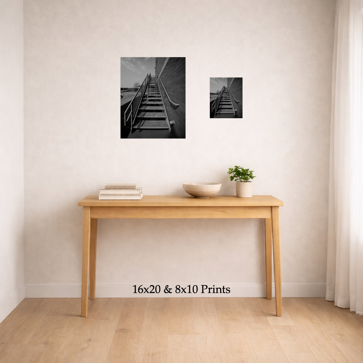 Stairs To Up There at 16x20 and 8x10 on a wall above a console table, shown to scale