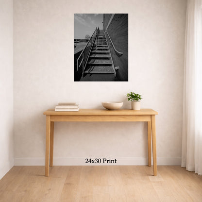 Stairs To Up There as a 24x30 print on a wall above a console table, shown to scale