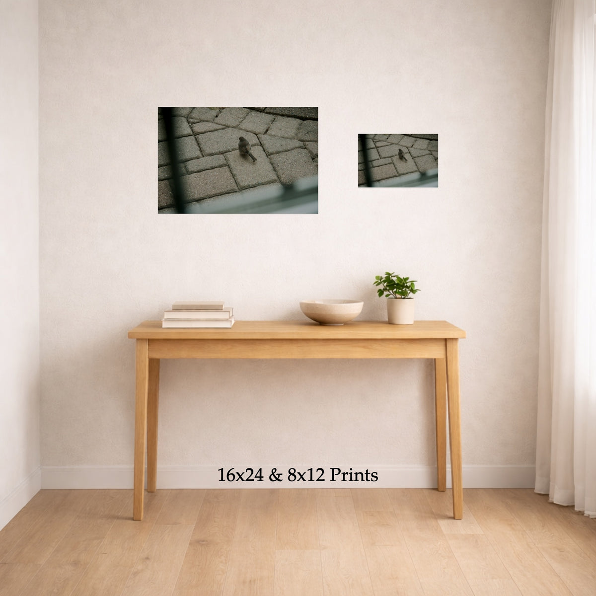 Grid Search at 16x24 and 8x12 on a wall above a console table, shown to scale