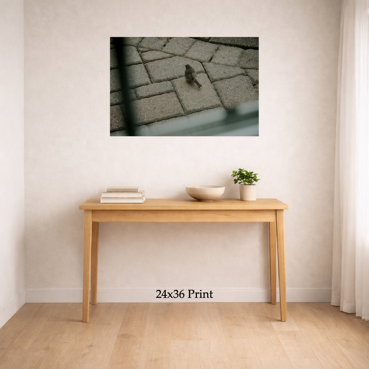 Grid Search as a 24x36 print on a wall above a console table, shown to scale