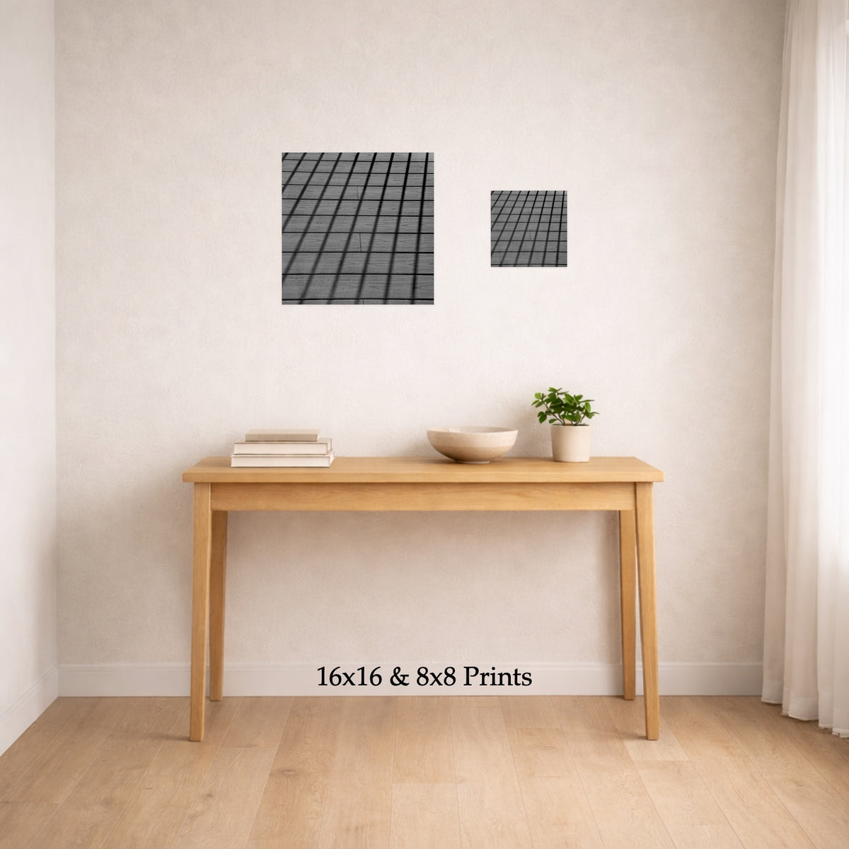 Board Game at 16x16 and 8x8 on a wall above a console table, shown to scale