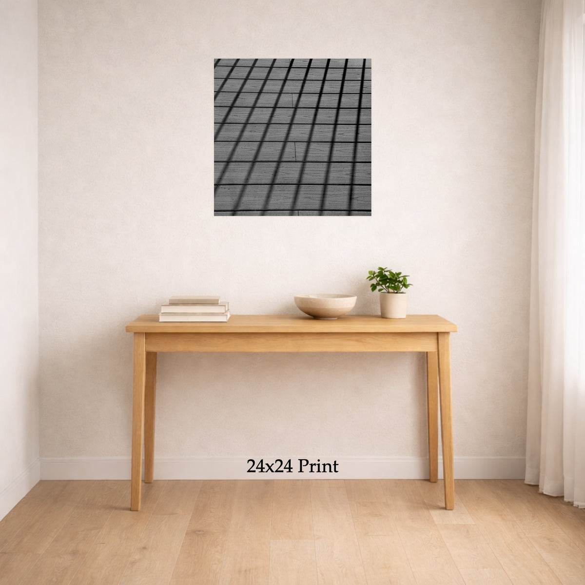 Board Game as a 24x24 print on a wall above a console table, shown to scale