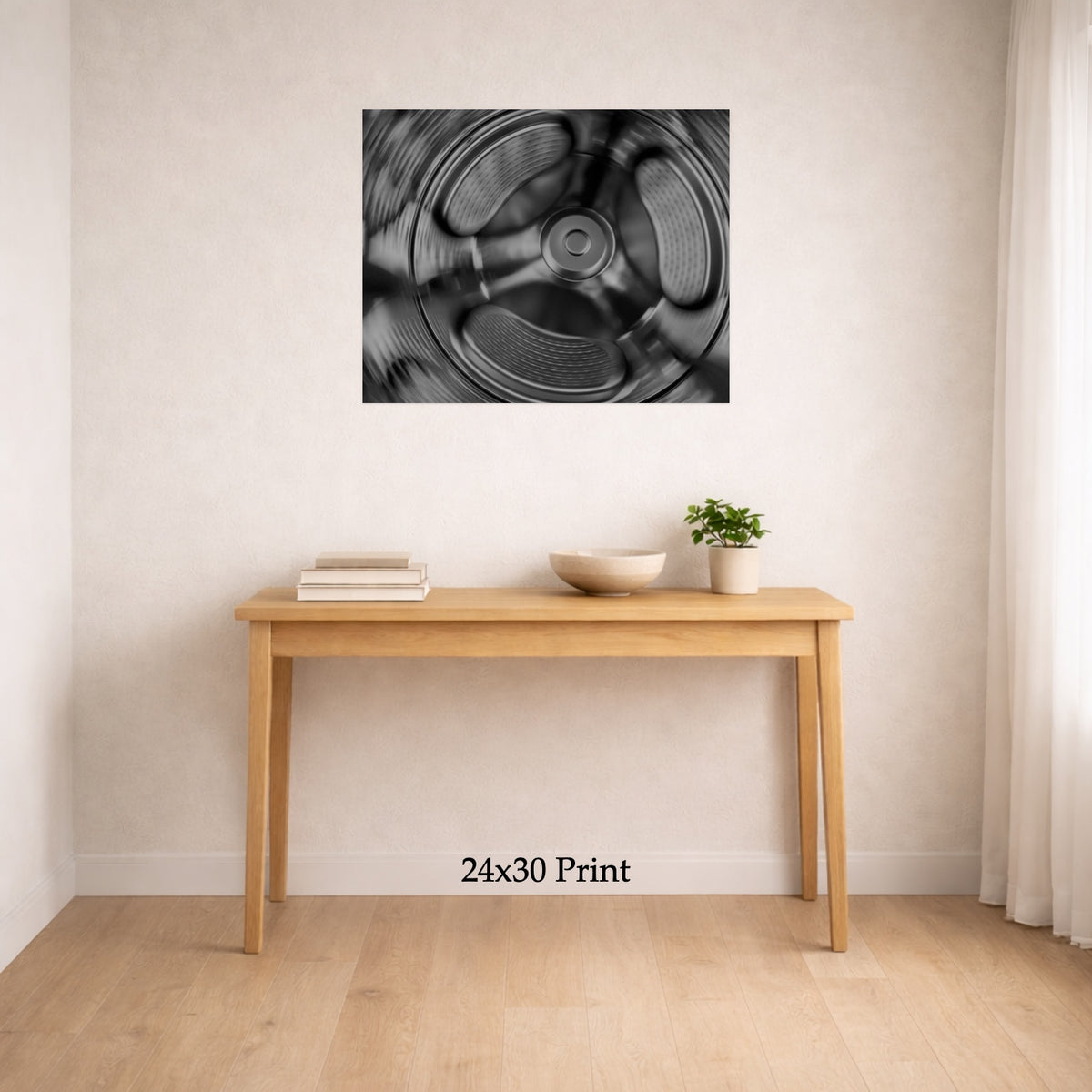 Dizzy Spell as a 24x30 print on a wall above a console table, shown to scale