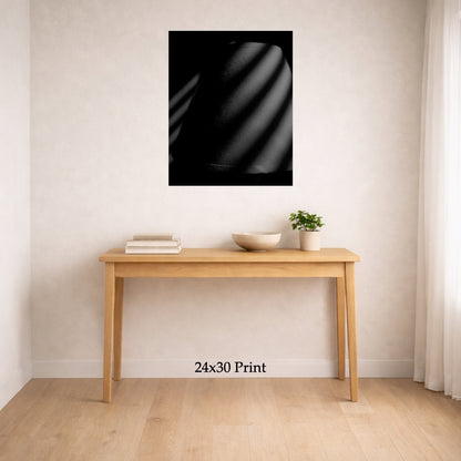 Blind Spot as a 24x30 print on a wall above a console table, shown to scale