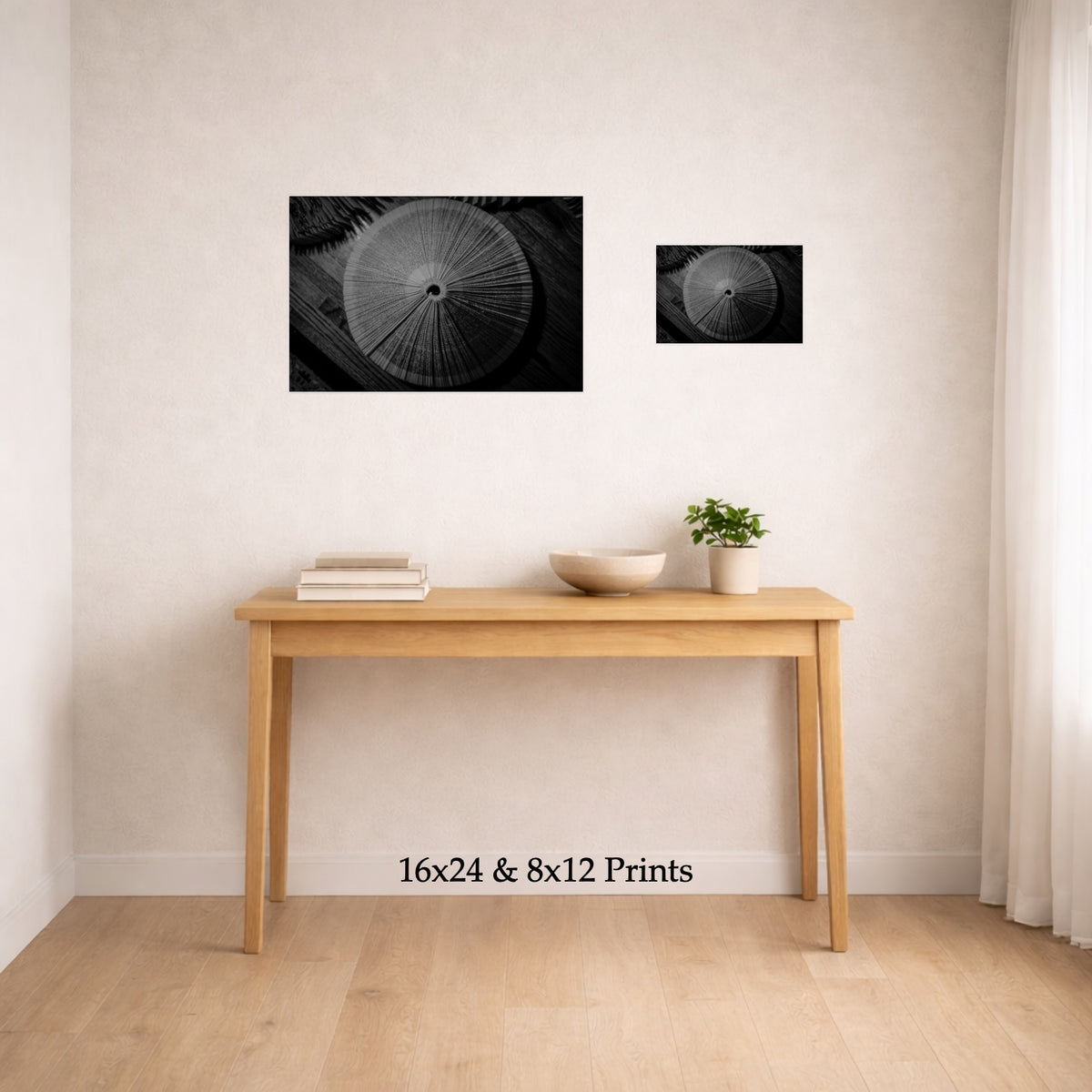 Second Read at 16x24 and 8x12 on a wall above a console table, shown to scale
