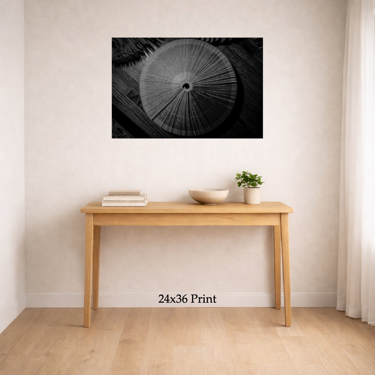 Second Read as a 24x36 print on a wall above a console table, shown to scale