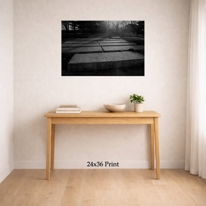 Groundwork as a 24x36 print on a wall above a console table, shown to scale