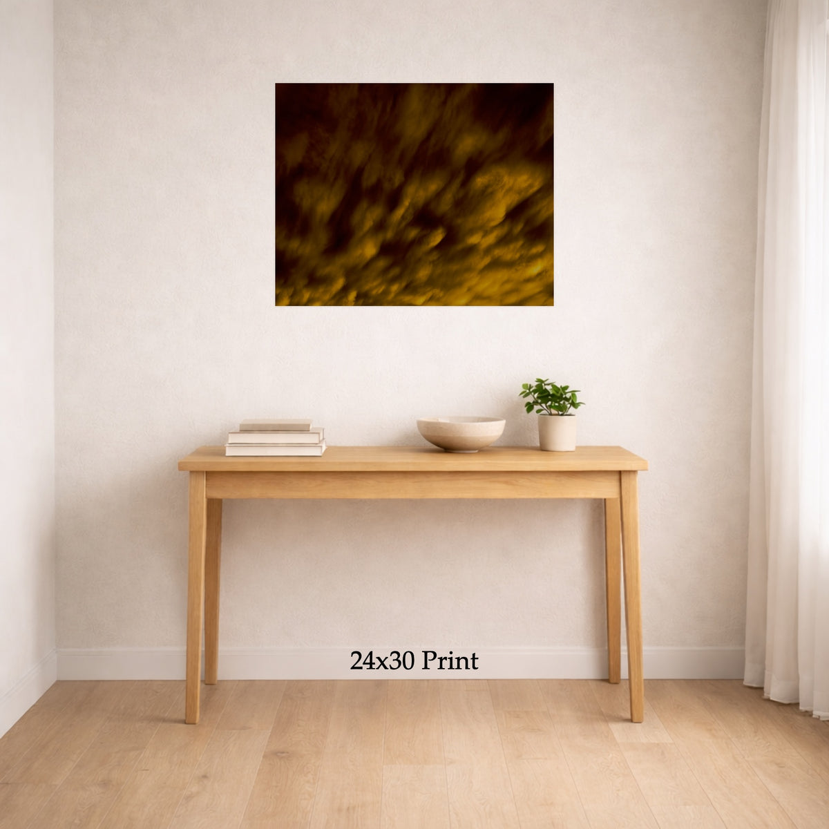 Gold Rush as a 24x30 print on a wall above a console table, shown to scale