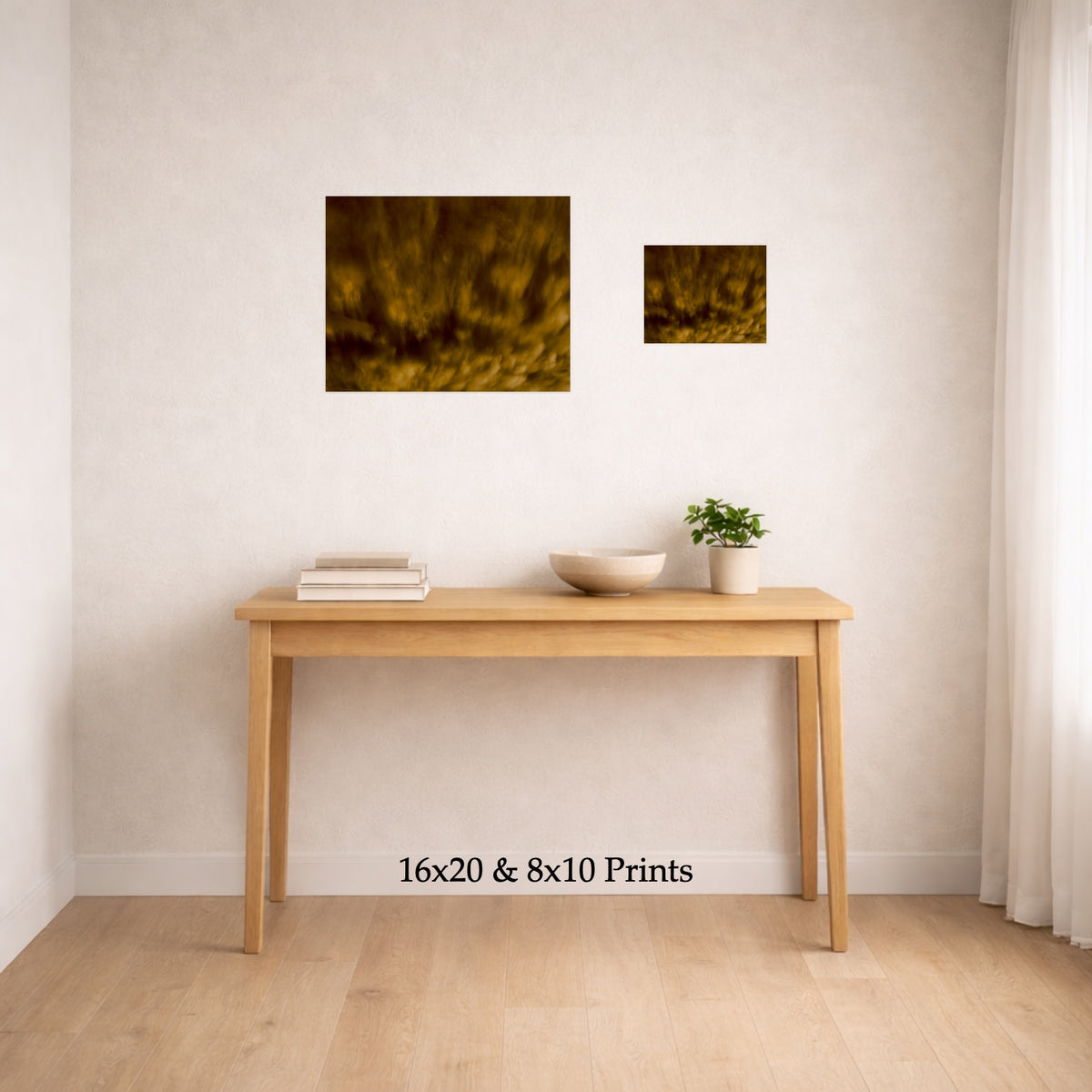 Panning For Gold at 16x20 and 8x10 on a wall above a console table, shown to scale